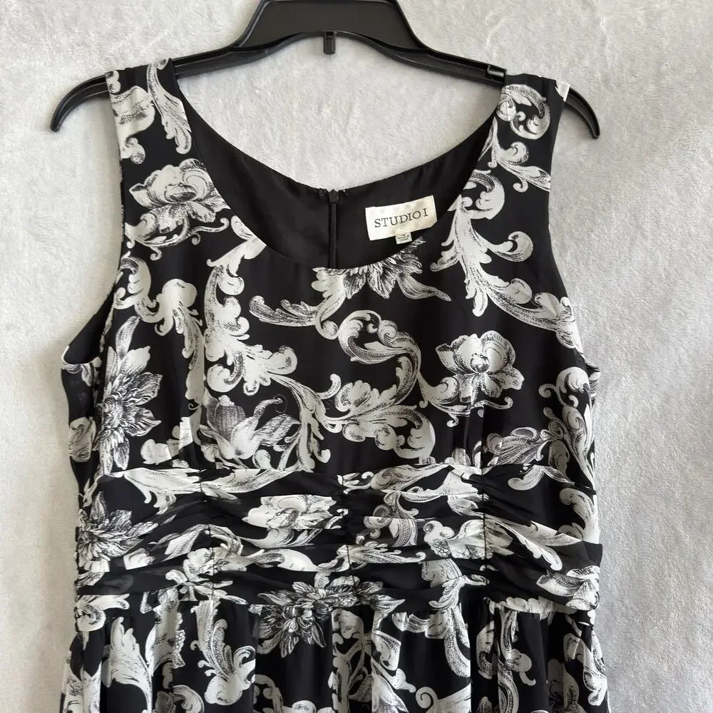 Studio I Women’s Black White Floral Scroll A-Line Dress Size 14 Vintage Inspired